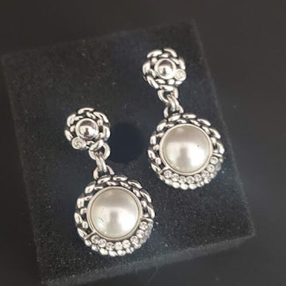 Swarovski Crystal and Faux Pearl Dangle Earrings Pierced Rhodium Plated Signed‎ - Picture 1 of 7